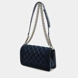 Pre Owned Chanel Boy Navy Velour Chain Shoulder Bag