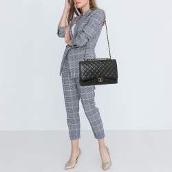 Pre Owned Chanel Black Quilted Caviar Leather Maxi Classic Double Flap Bag