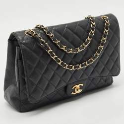 Pre Owned Chanel Black Quilted Caviar Leather Maxi Classic Double Flap Bag