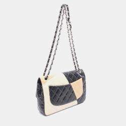 Pre Owned Chanel Double Flap Black White Beige Lambskin Shoulder Bag