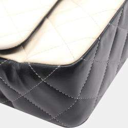 Pre Owned Chanel Double Flap Black White Beige Lambskin Shoulder Bag