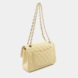 Pre Owned Chanel Matelasse W Flap Yellow Lambskin Chain Shoulder Bag