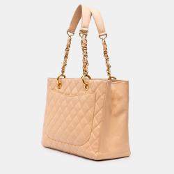 Pre Owned Chanel Beige Brown Caviar Grand Shopping Tote