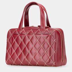 Pre Owned Chanel Red CC Lambskin Wild Stitch Handbag