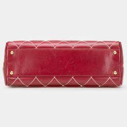 Pre Owned Chanel Red CC Lambskin Wild Stitch Handbag