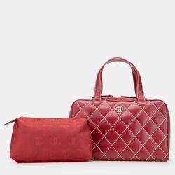 Pre Owned Chanel Red CC Lambskin Wild Stitch Handbag