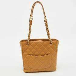 Pre Owned Chanel Beige Quilted Caviar Leather Petite Shopper Tote