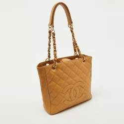 Pre Owned Chanel Beige Quilted Caviar Leather Petite Shopper Tote