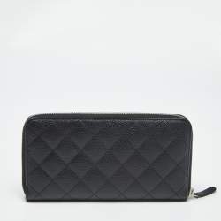 Pre Owned Chanel Black Quilted Caviar Leather CC Zip Around Wallet