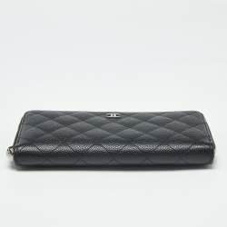 Pre Owned Chanel Black Quilted Caviar Leather CC Zip Around Wallet