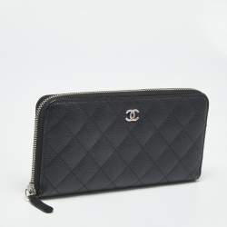Pre Owned Chanel Black Quilted Caviar Leather CC Zip Around Wallet