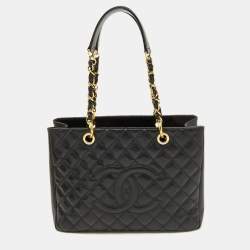 Pre Owned Chanel Black Quilted Caviar Leather Grand GST Shopper Tote