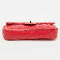Pre Owned Chanel Red Quilted Caviar Leather Classic East West Flap Bag