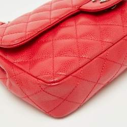 Pre Owned Chanel Red Quilted Caviar Leather Classic East West Flap Bag