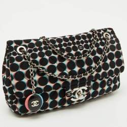Pre Owned Chanel Black/White Nylon Polka Dot Printed Medium Classic Single Flap Bag
