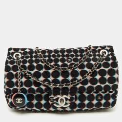 Pre Owned Chanel Black/White Nylon Polka Dot Printed Medium Classic Single Flap Bag
