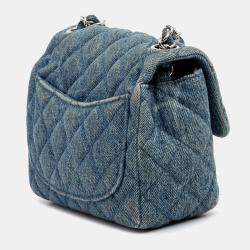 Pre Owned Chanel Blue Mini Square CC Quilted Denim Single Flap