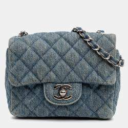 Pre Owned Chanel Blue Mini Square CC Quilted Denim Single Flap