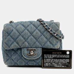 Pre Owned Chanel Blue Mini Square CC Quilted Denim Single Flap