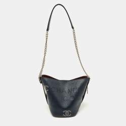 Pre Owned Chanel Navy Blue Leather Perforated CC Eyelet Drawstring Bucket Bag