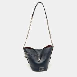 Pre Owned Chanel Navy Blue Leather Perforated CC Eyelet Drawstring Bucket Bag