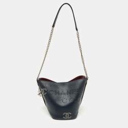 Pre Owned Chanel Navy Blue Leather Perforated CC Eyelet Drawstring Bucket Bag