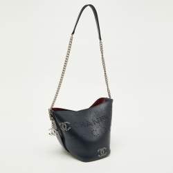 Pre Owned Chanel Navy Blue Leather Perforated CC Eyelet Drawstring Bucket Bag