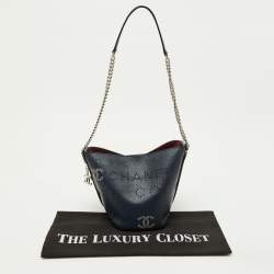 Pre Owned Chanel Navy Blue Leather Perforated CC Eyelet Drawstring Bucket Bag