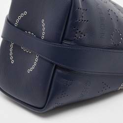 Pre Owned Chanel Navy Blue Leather Perforated CC Eyelet Drawstring Bucket Bag