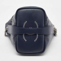 Pre Owned Chanel Navy Blue Leather Perforated CC Eyelet Drawstring Bucket Bag