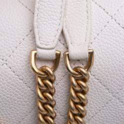 Pre Owned Chanel White CC Quilted Caviar Turnlock Full Flap