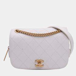Pre Owned Chanel White CC Quilted Caviar Turnlock Full Flap