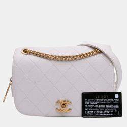 Pre Owned Chanel White CC Quilted Caviar Turnlock Full Flap