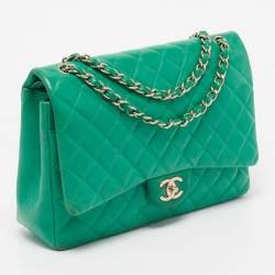 Pre Owned Chanel Green Quilted Lambskin Leather Maxi Classic Double Flap Bag