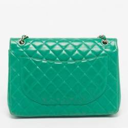 Pre Owned Chanel Green Quilted Lambskin Leather Maxi Classic Double Flap Bag