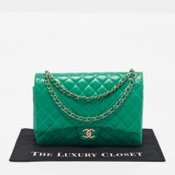 Pre Owned Chanel Green Quilted Lambskin Leather Maxi Classic Double Flap Bag