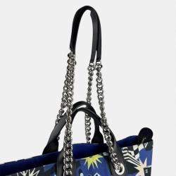 Pre Owned Chanel Cruise Collection Blue Black White Canvas Leather Shoulder Bag
