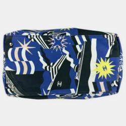 Pre Owned Chanel Cruise Collection Blue Black White Canvas Leather Shoulder Bag