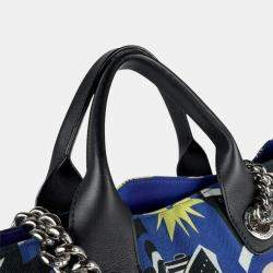 Pre Owned Chanel Cruise Collection Blue Black White Canvas Leather Shoulder Bag