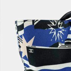Pre Owned Chanel Cruise Collection Blue Black White Canvas Leather Shoulder Bag