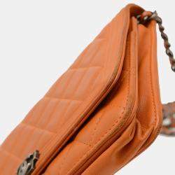 Pre Owned Chanel Boy Orange Lambskin Wallet on Chain
