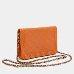 Pre Owned Chanel Boy Orange Lambskin Wallet on Chain