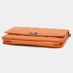 Pre Owned Chanel Boy Orange Lambskin Wallet on Chain