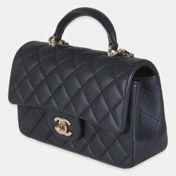 Pre Owned Chanel Navy Quilted Lambskin Mini Rectangular Top Handle