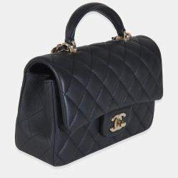 Pre Owned Chanel Navy Quilted Lambskin Mini Rectangular Top Handle