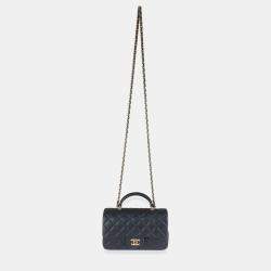 Pre Owned Chanel Navy Quilted Lambskin Mini Rectangular Top Handle