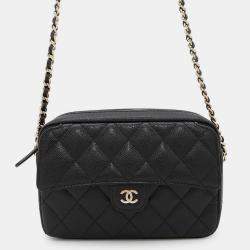 Pre Owned Chanel Matelasse Black Caviar Leather Clutch with Chain Bag