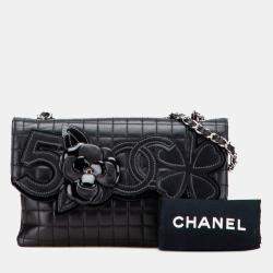 Pre Owned Chanel Black Choco Bar Calfskin No. 5 Camellia CC Shoulder Bag