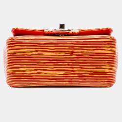 Pre Owned Chanel Orange Mini Square Classic Patent Striped Single Flap Bag