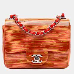Pre Owned Chanel Orange Mini Square Classic Patent Striped Single Flap Bag